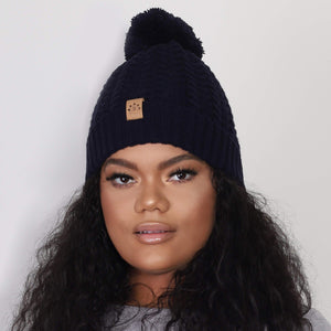 Satin-Lined Bobble Hat | Navy-Black Sunrise-Yard + Parish